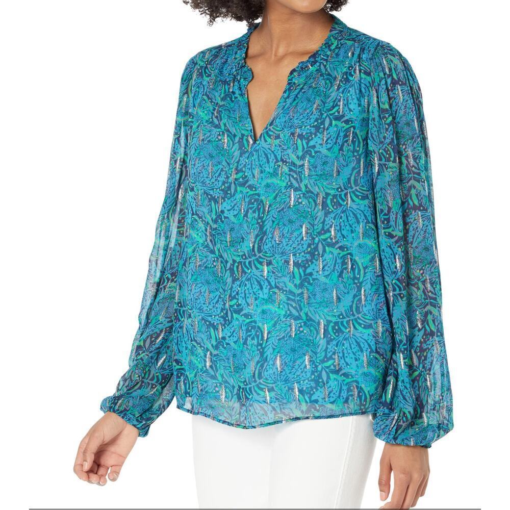 Lilly Pulitzer Blue Green Printed V-Neck Blouse Women’s Size Large